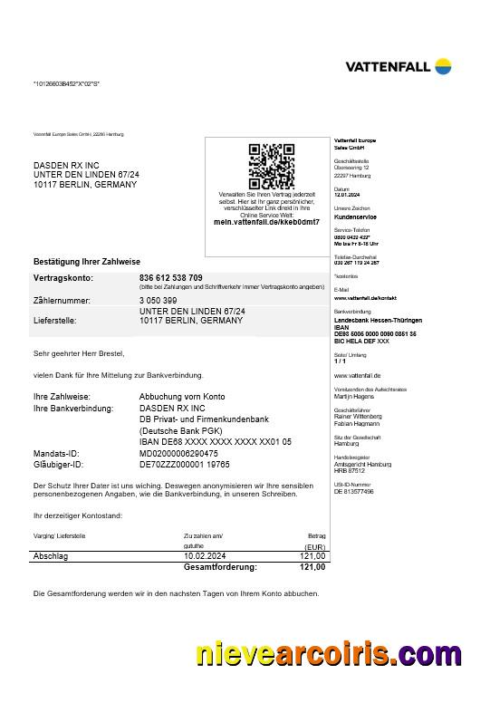 Germany VATTENFALL business utility bill